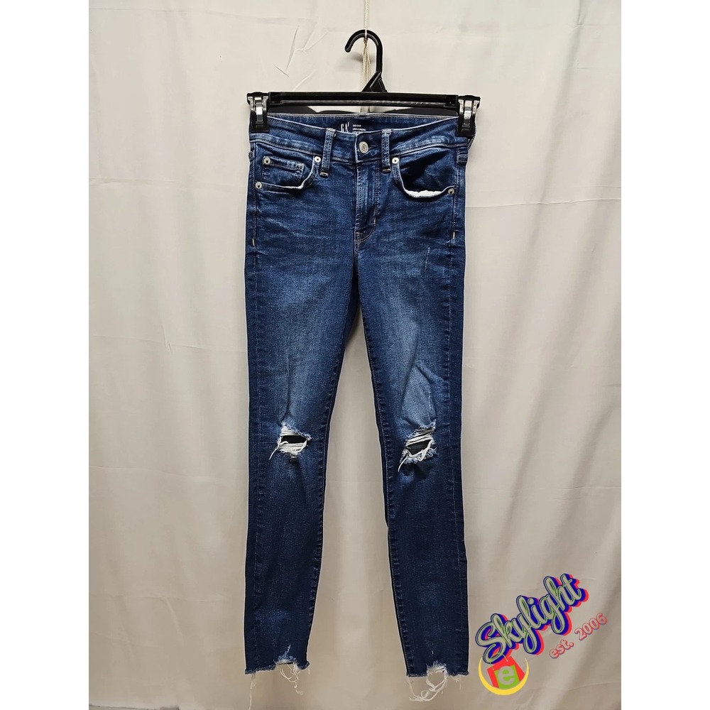 Gap Womens Blue Distressed Denim Jeans Universal Legging Raw Hem Size 24x27